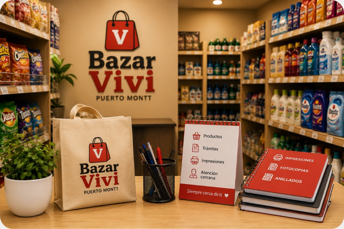 Mostrador de Bazar Vivi con bolsa de marca, productos y servicios